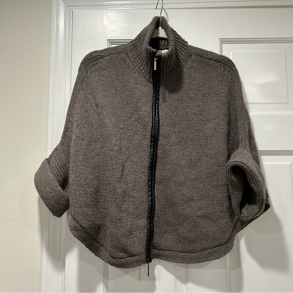 Anthropologie Wool Knit Sweater Poncho Leather Detail Grey XS